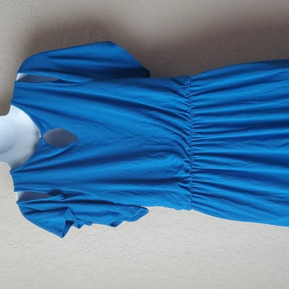 LOFT Womens Dress M Fit Flare Blue Cold Shoulder Rayon Knit Elastic Waist - Picture 4 of 7